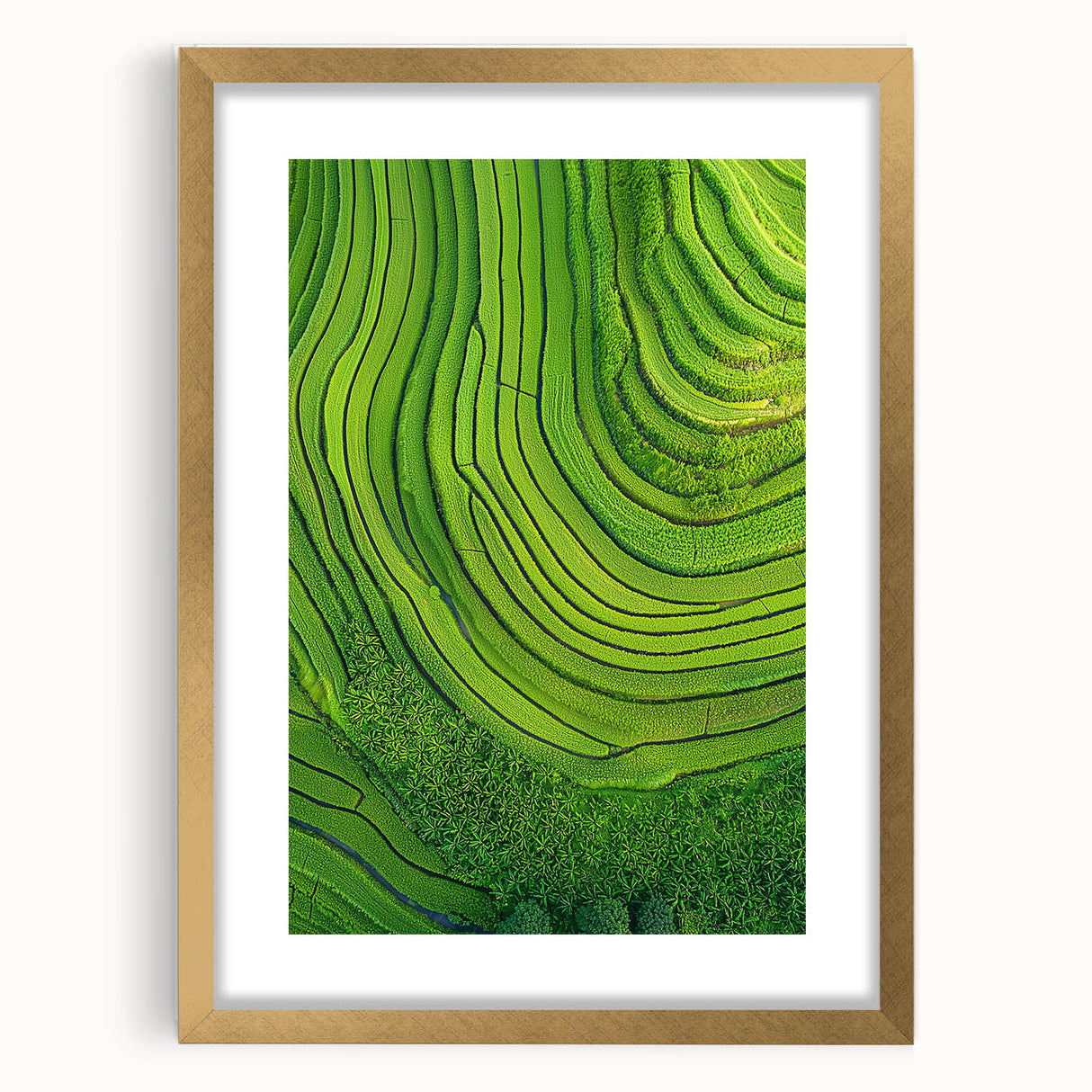 Elegant gold-framed landscape artwork featuring vibrant fields and a soft mat, ideal for enhancing home decor with a touch of nature-inspired elegance.