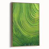 Framed canvas artwork showcasing a vibrant landscape of rolling fields, set in an elegant gold frame, perfect for enhancing interior decor with a touch of nature.