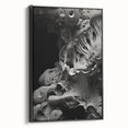 Framed canvas of black and white landscape painting, featuring vintage poster art style, ideal for bedroom decor.