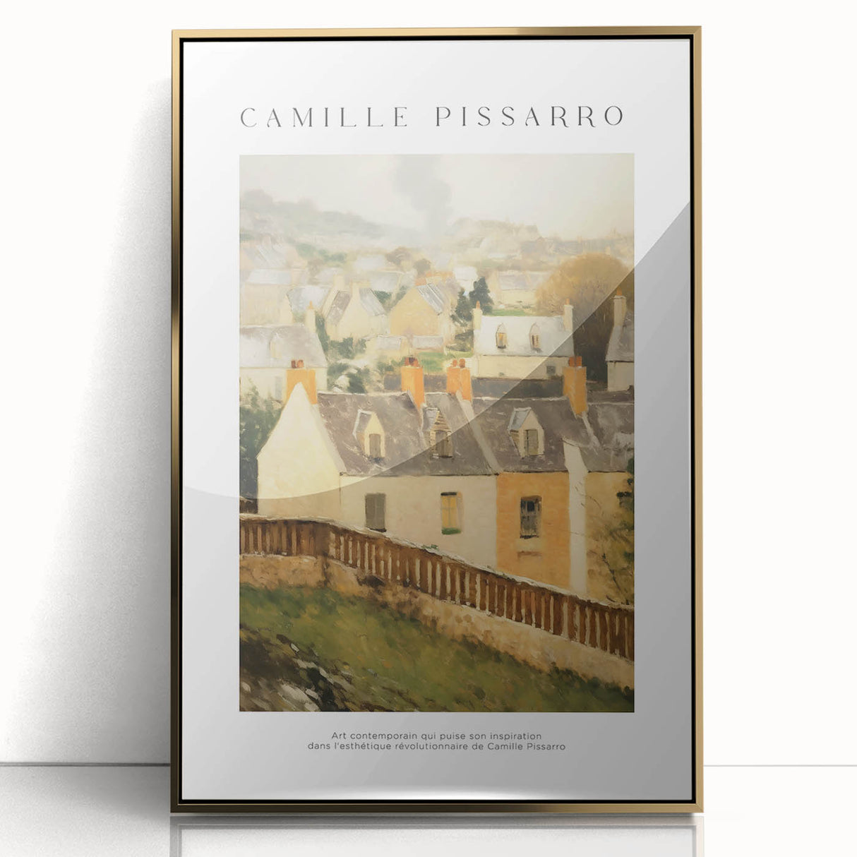 Large art print featuring a mid-century modernist abstract design in gold and white tones on acrylic.