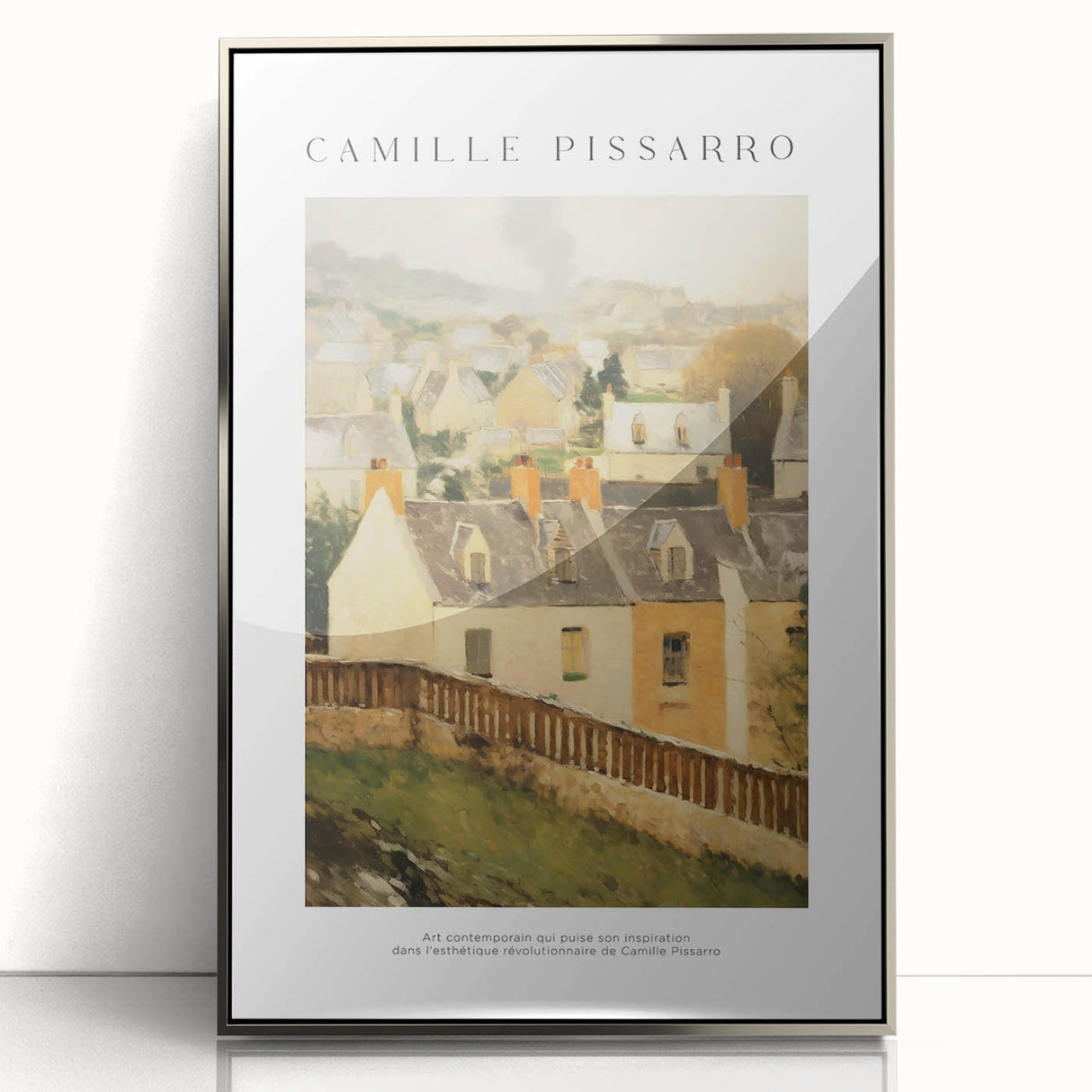 Mid-century modernist art depicting abstract shapes in muted colors on a silver-framed acrylic print.