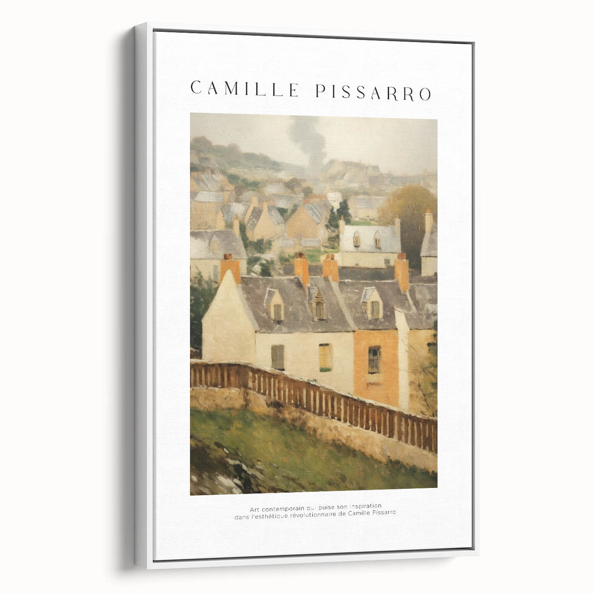 Vintage poster art of Camille Pissarro painting on framed canvas, featuring colorful imagery on a black background.