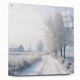 Acrylic print of a winter scene with muted blue and white tones, ideal for dining room decor.