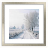 Textured abstract art print depicting a winter scene in muted blue and white tones, framed in silver, ideal for bedroom art.