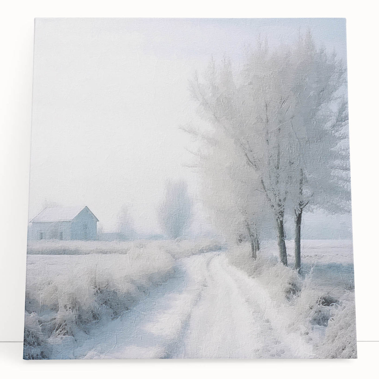 Winter scene in black and white on large stretched canvas, ideal for kitchen wall art or bedroom ambiance.
