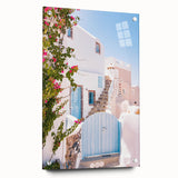 Large abstract wall art in blue and orange tones on acrylic glass, suitable for bedroom or dining room decor.
