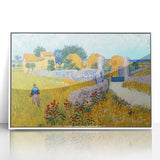Mid-century modernist art featuring a Van Gogh-inspired abstract design in vibrant colors on a white acrylic framed poster.