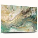 Abstract wall art featuring vibrant strokes in a mix of blue, orange, and yellow, displayed in an acrylic glass frame with visible mounting pins, perfect for modern decor.