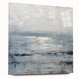 Abstract wall art featuring vibrant strokes in shades of blue, pink, and gold, displayed in a sleek acrylic glass frame, showcasing a modern aesthetic for contemporary interiors.