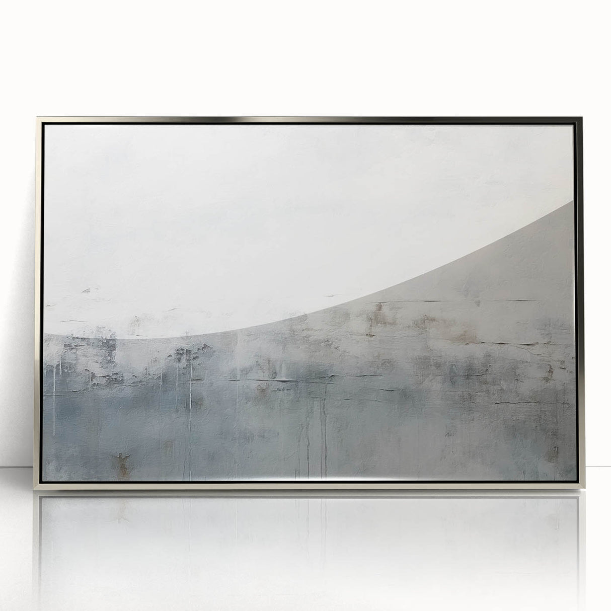 Framed abstract wall art featuring silver and gray strokes, ideal for modern decor, showcasing a sleek acrylic finish and contemporary design elements.