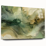 Abstract wall art featuring vibrant strokes in shades of blue, orange, and white, displayed in an acrylic glass frame with visible pins, enhancing modern decor aesthetics.