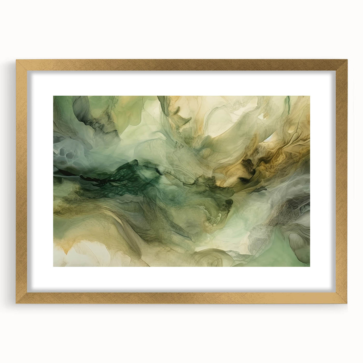 Abstract wall art featuring vibrant, colorful strokes in gold and blue, framed with a chic mat, perfect for modern home decor. Ideal for living rooms or galleries.