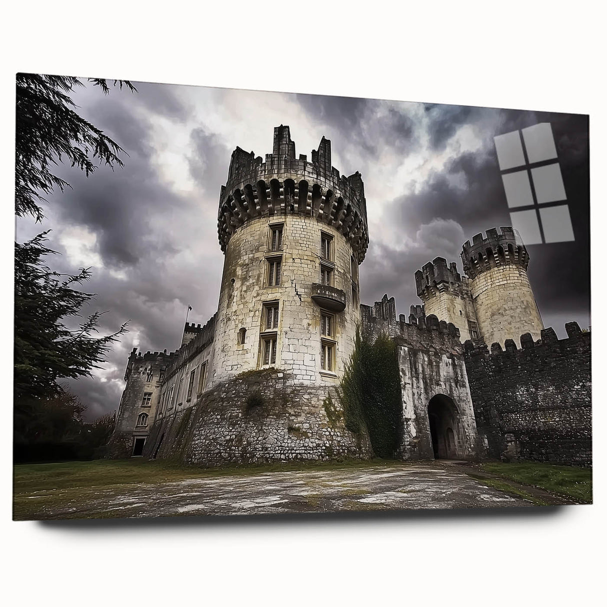 Acrylic glass artwork showcasing a detailed landscape with a majestic castle, viewed from the side, highlighting vibrant colors and intricate designs. Perfect for enhancing home decor and adding a touch of elegance.