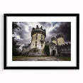 Black-framed landscape artwork featuring a majestic castle surrounded by lush greenery, designed with a mat for a polished presentation. Ideal for home decor.