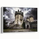 Framed canvas artwork depicting a picturesque landscape with a castle, displayed against a white background, showcasing rich colors and intricate details for an elegant home decor accent.