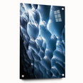 Acrylic glass artwork displaying a vibrant cave landscape design, featuring colorful details and textures, secured with visible pins for a contemporary look.