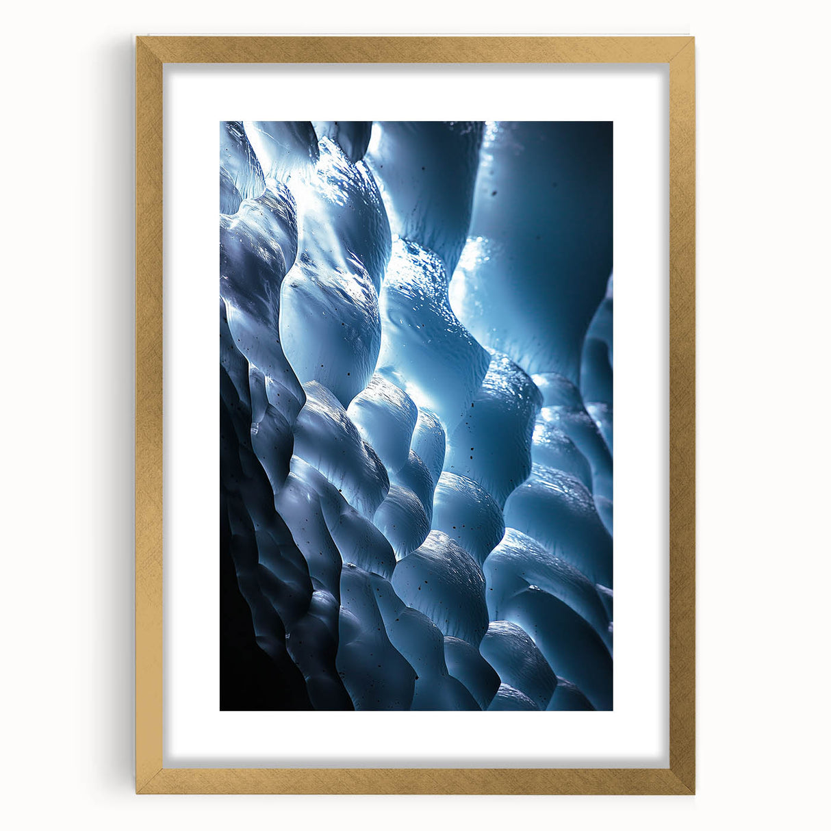 Framed artwork showcasing a scenic landscape with caves, featuring a gold mat border and elegant design, perfect for home decor or artistic display.