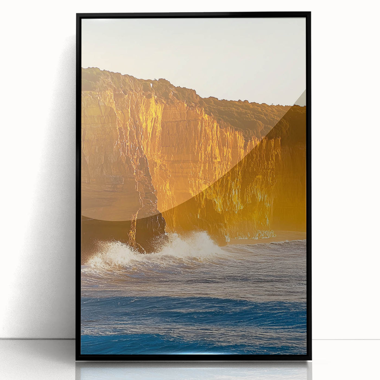 Framed acrylic artwork of a stunning cliff landscape with vibrant colors, showcasing intricate details and a sleek black frame, ideal for modern decor.