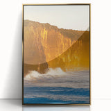 Framed acrylic artwork showcasing a stunning landscape of majestic cliffs, adorned with a glimmering gold front, perfect for enhancing home decor and interior aesthetics.
