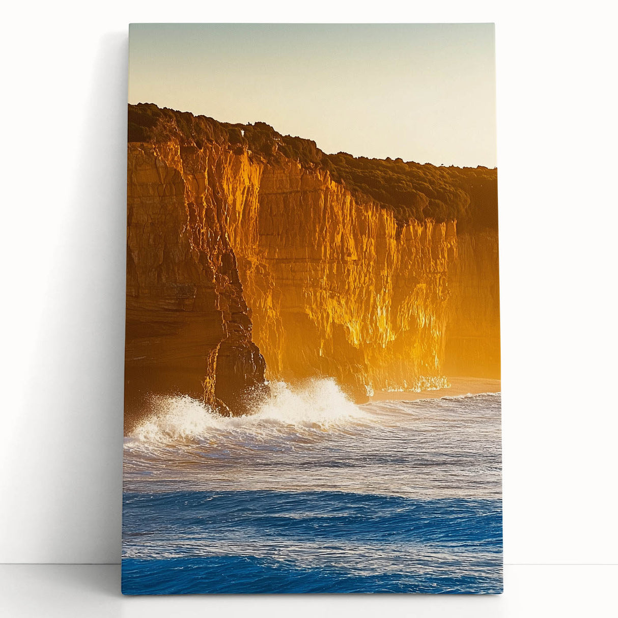 Stretched canvas artwork depicting vibrant landscapes with dramatic cliffs and lush greenery, ideal for home decor or office settings, enhancing any space with natural beauty.