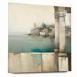 Abstract architecture wall art design printed on acrylic glass, showcasing geometric shapes and vibrant colors in a sleek side view, ideal for modern interiors.