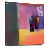 Abstract figurative wall art displayed in a side view, featuring vibrant colors and intricate designs, mounted on acrylic glass, accented with decorative pins, ideal for modern home decor.