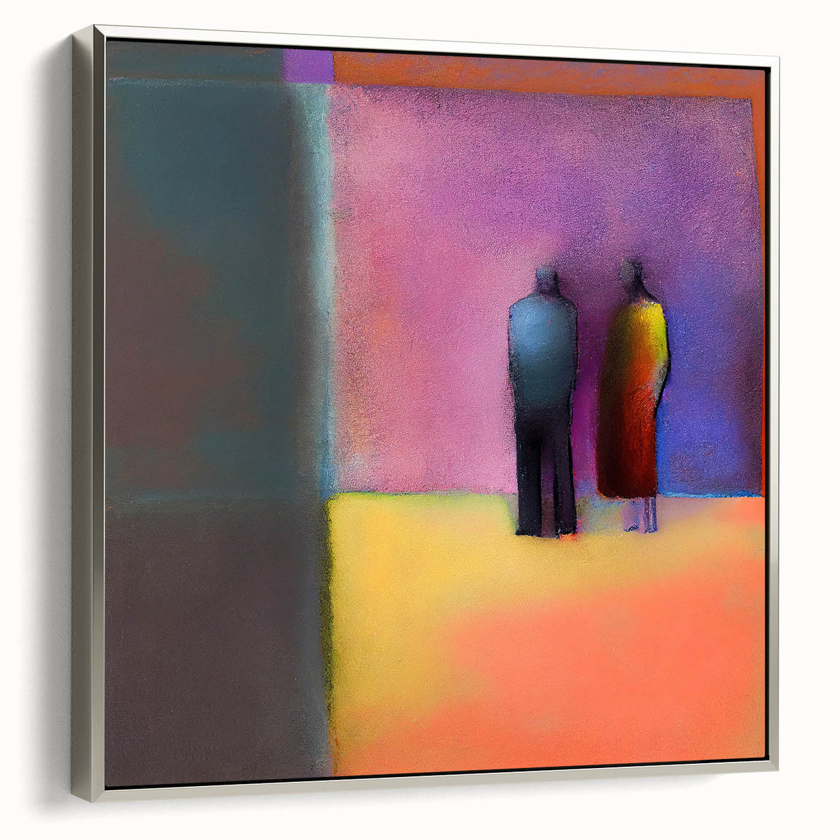 Framed abstract figurative wall art depicting dynamic shapes in vibrant colors, featuring a sleek silver frame that enhances modern decor aesthetics.