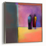 Framed abstract figurative wall art depicting dynamic shapes in vibrant colors, featuring a sleek silver frame that enhances modern decor aesthetics.