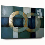 Abstract geometric acrylic glass artwork showcasing vibrant colors and dynamic shapes, viewed from the side, emphasizing its modern design and glossy finish. Perfect for contemporary decor.