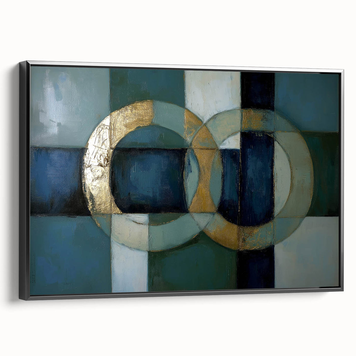 Abstract geometric framed canvas artwork featuring bold black and white shapes, presenting a modern and stylish side view ideal for contemporary home decor.