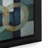 Close-up of abstract geometric framed canvas artwork showcasing vibrant colors and intricate patterns, perfect for modern decor and adding visual interest to any space.