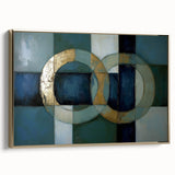 Framed abstract geometric canvas art in gold tones, showcasing intricate patterns and modern design. Ideal for contemporary home decor, adding elegance to any space.