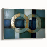 Framed geometric abstract canvas art in silver, showcasing intricate patterns and modern design elements, perfect for contemporary home decor.