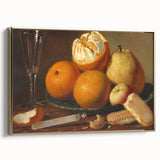 Framed canvas wall art featuring a vintage poster of assorted fruits in muted colors, ideal for bedroom decor.