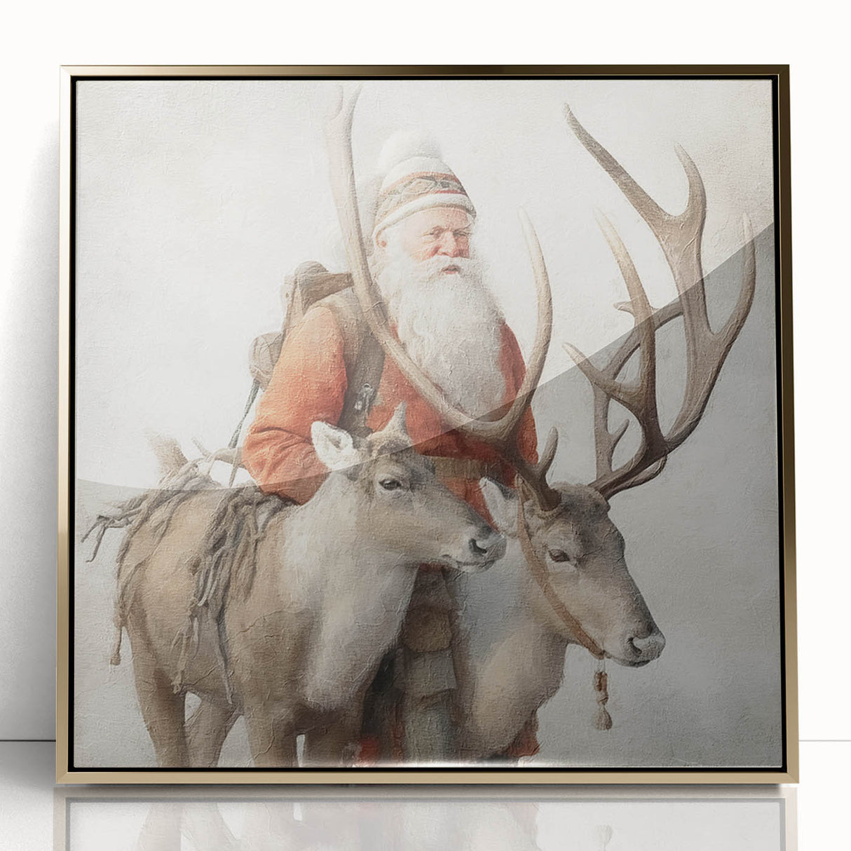 Seasonal Wall Art - Santa with Reindeer Winter Scene Holiday Print