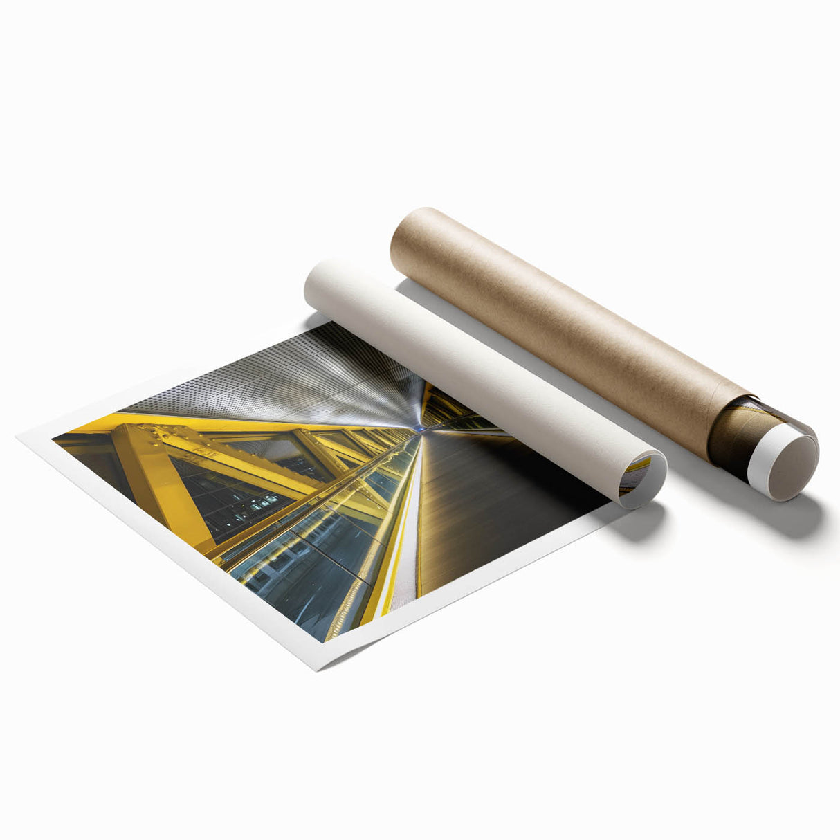 Rolled canvas print showcasing a stunning landscape of a bridge over a serene waterway, featuring vibrant colors and intricate details, packaged securely in a protective tube.
