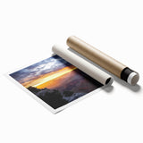 Vibrant landscape print showcasing colorful canyons with intricate details, rolled and ready for display, perfect for home or office decor.