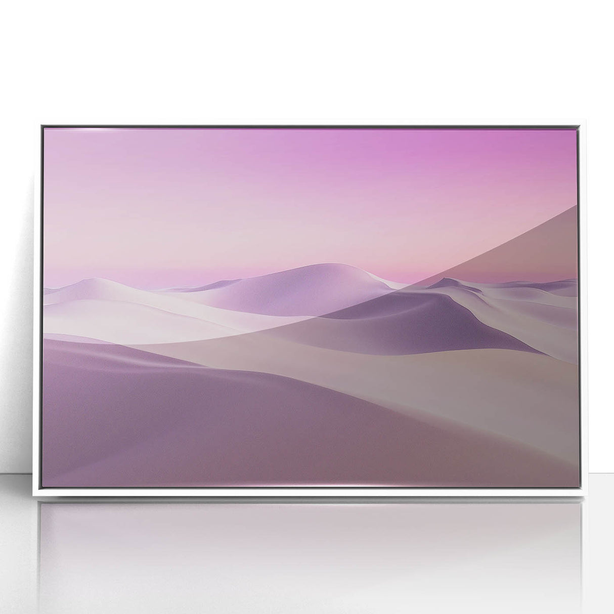 Framed acrylic artwork displaying a vibrant desert landscape, featuring warm hues of orange and yellow with a white frame, perfect for modern home decor.