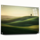 Acrylic wall art depicting vibrant landscapes and fields, showcased in a side view with decorative pins, perfect for enhancing modern home decor.