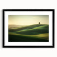 Black-framed landscape artwork with a mat, showcasing vibrant fields under a bright sky, ideal for home decor and enhancing interior spaces.