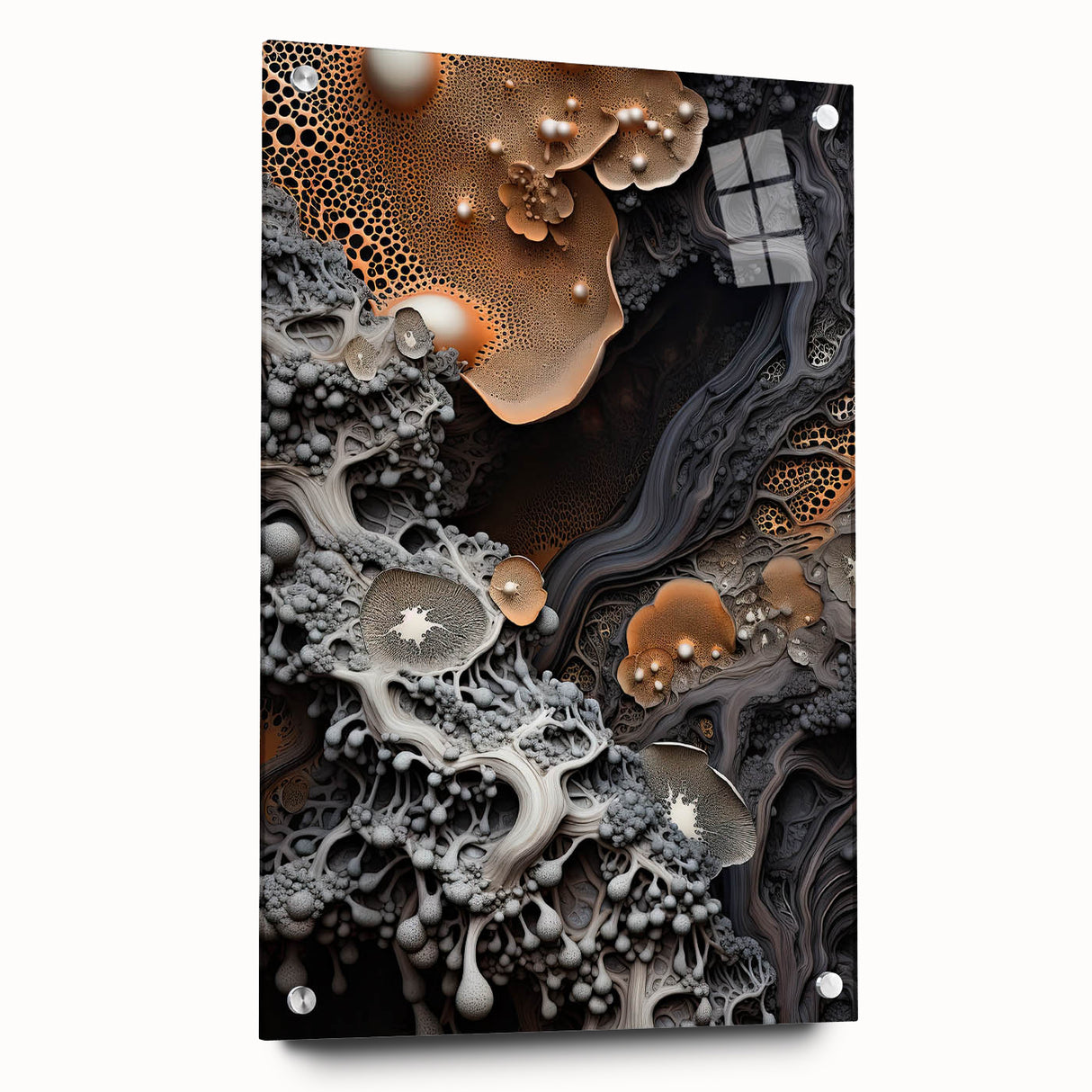 Large abstract wall art in blue and green tones on acrylic glass, suitable for bedroom or dining room decor.