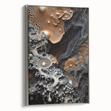 Vintage poster art on framed canvas, featuring a close-up of natural elements in silver, black, and vibrant colors.