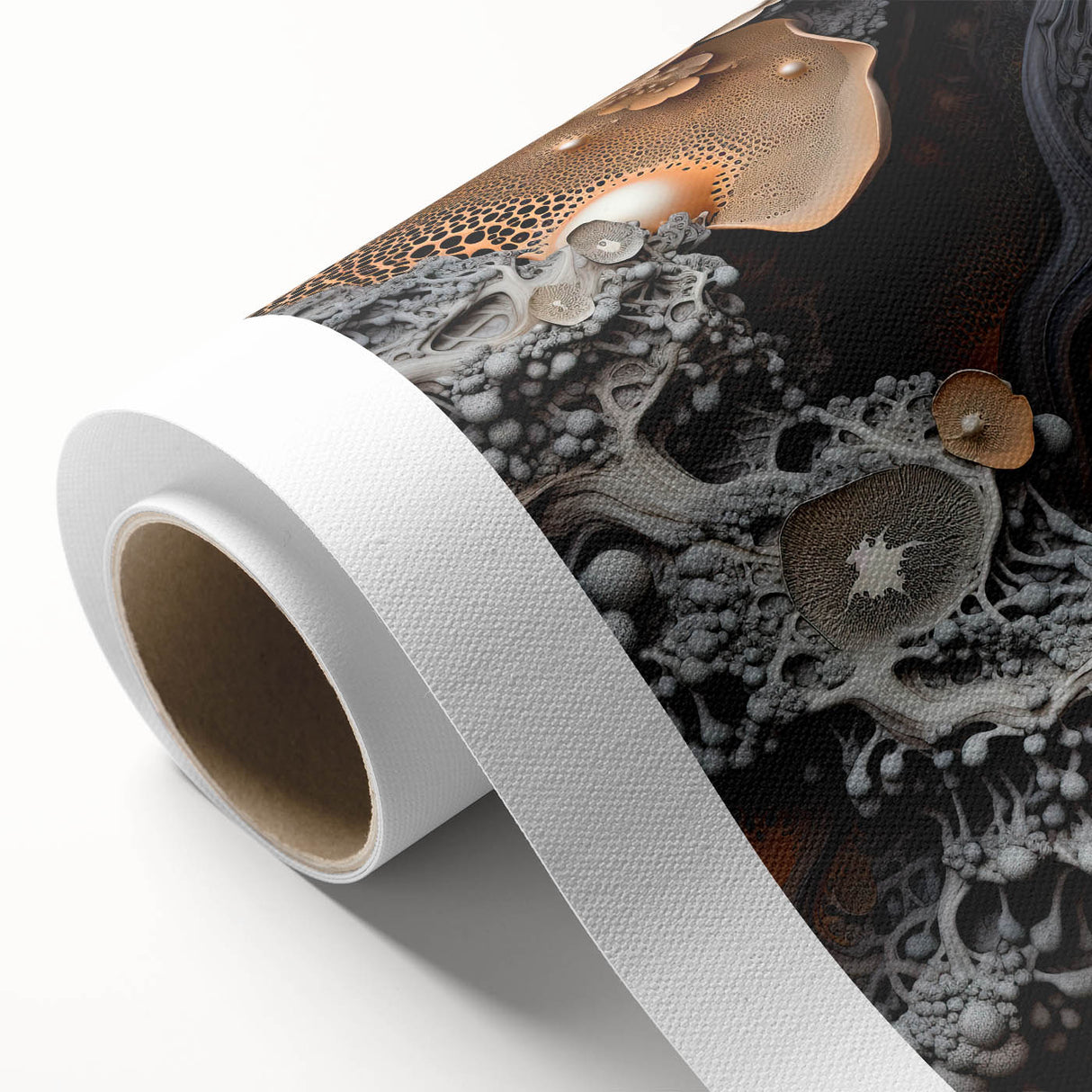 Art deco poster featuring natural close-up elements in subtle green and beige tones on rolled canvas.