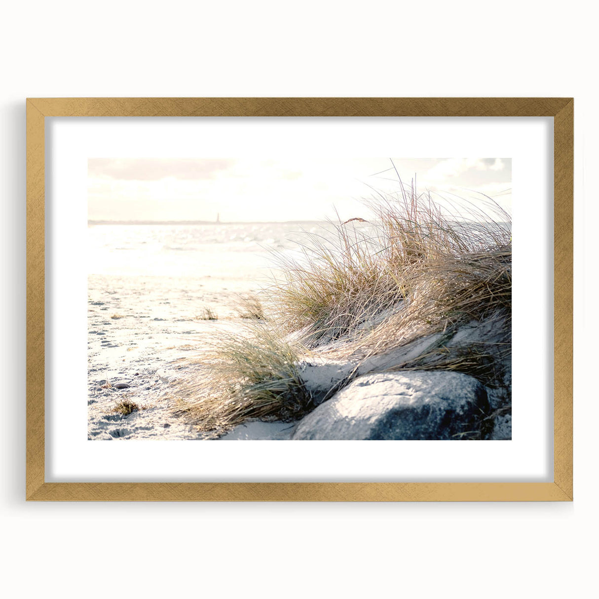 Extra large abstract art print featuring textured swirls in warm orange and gold tones, framed in gold.