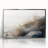 Mid-century modernist art depicting summer season in muted tones on framed acrylic, ideal for nursery wall art.