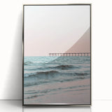 Mid-century modernist art deco poster featuring geometric shapes in pastel colors, acrylic print in silver frame.