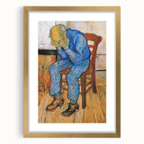 Abstract art print depicting swirling blues and yellows on a gold-framed canvas, ideal for dining room decor.