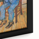 Close-up of a textured, extra large framed canvas depicting a colorful abstract interpretation of Van Gogh's style.