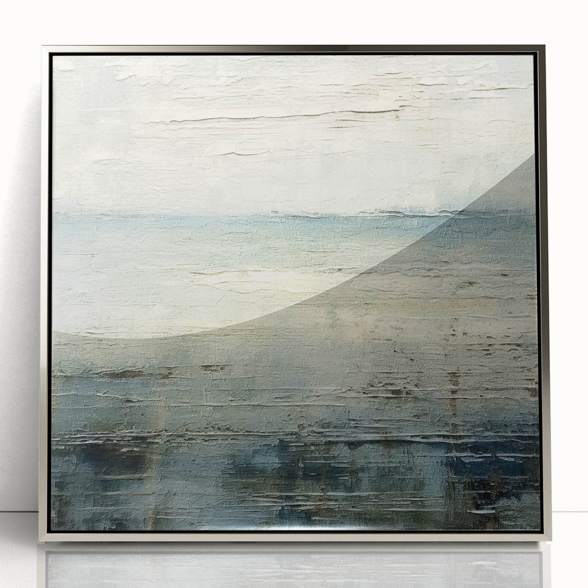 Framed wall art showcasing abstract strokes in silver and gray hues, enhancing modern decor with a sleek acrylic finish. Ideal for contemporary living spaces.