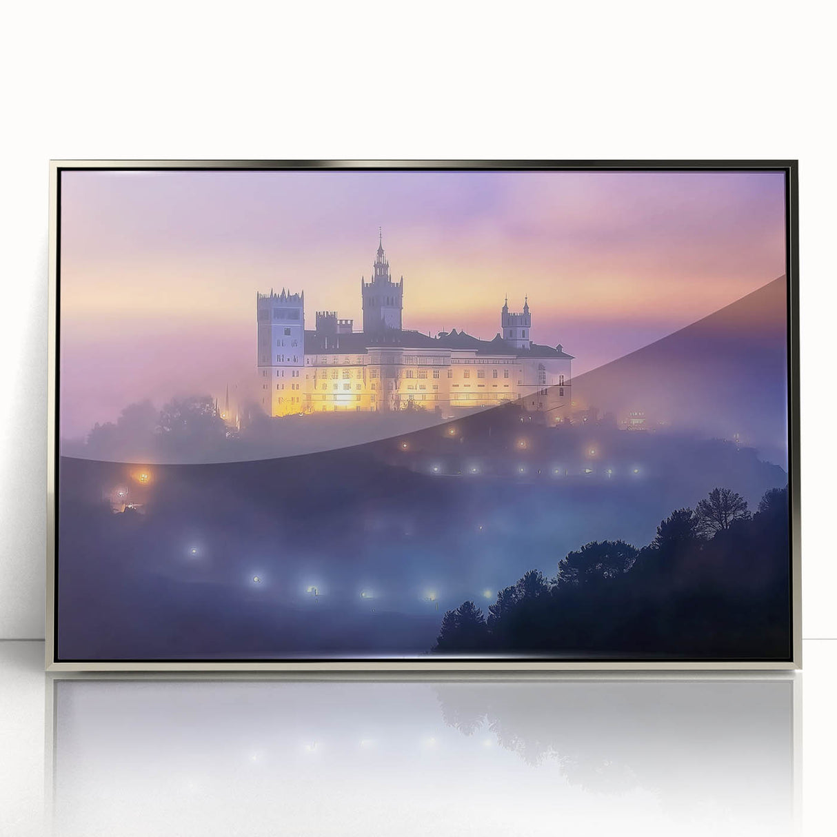 Framed acrylic artwork showcasing a stunning landscape with a majestic castle, elegantly displayed in a silver frame, perfect for enhancing home decor.
